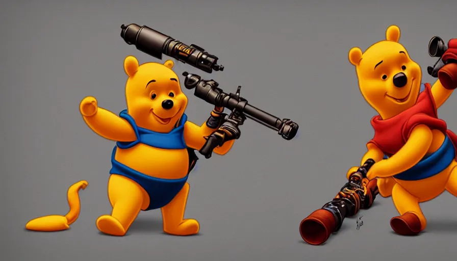 Prompt: Winnie the Pooh with a bazooka, hyperdetailed, artstation, cgsociety, 8k