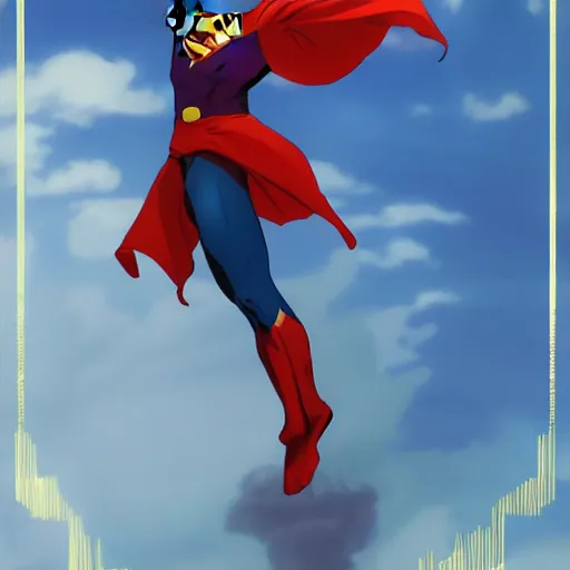 Image similar to Jon Kent superboy standing triumphantly. Dc comics. Superman Anime still. Makoto shinkai. Kuvshinov ilya. Gold Ratio. Trending on artstation