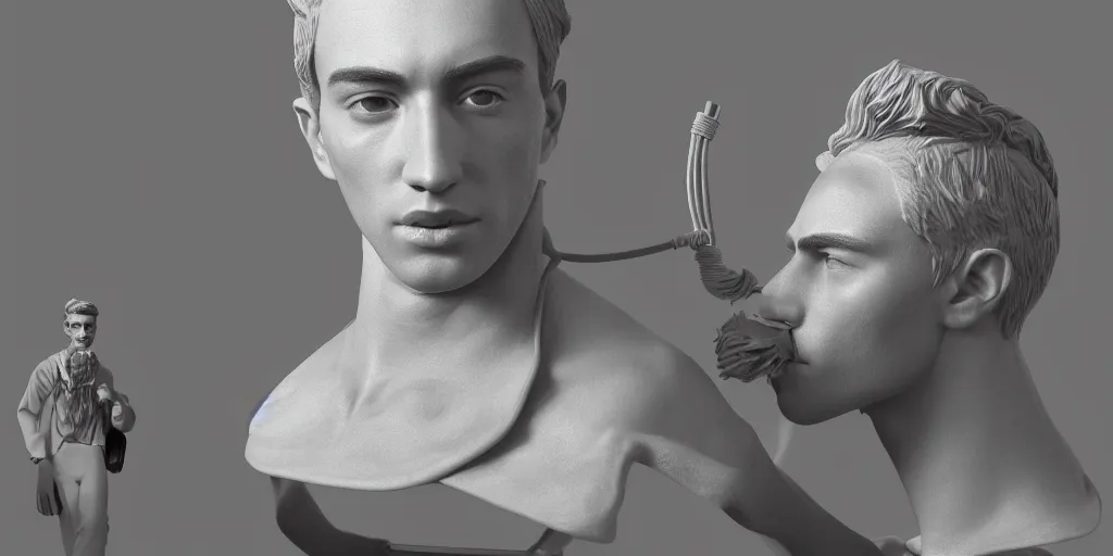 Image similar to a perfect porcelain bust of handsome young Spanish man with pipe cleaners coming out of the neck, 3D cinematic lighting, 90 degree spotlighting, photorealism, octane render, depth of field, 8k, 35mm, artgem, Trending on artstation