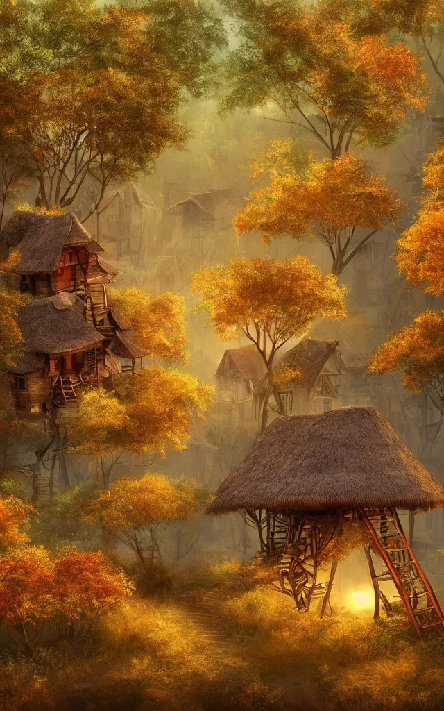 Prompt: a village full of tree houses with wooden ladders and thatched roofs, nestled in a forest, golden hour, autumn leaves, realistic high quality art digital art trending on artstation