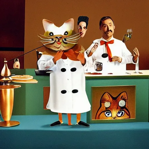 Image similar to anthropomorphic cats chef competing at the Masterchef TV show, by Salvador Dali