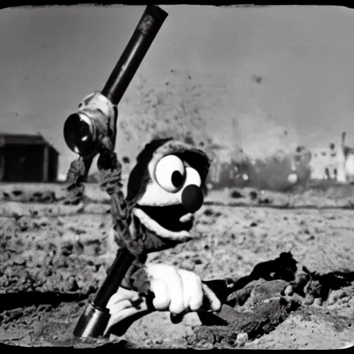 Prompt: elmo committing war crimes, black and white film photograph