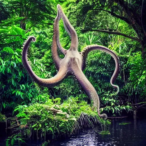 Image similar to a jungle, river with low hanging plants, flowers on the water, there is a giant octopus climbing up a tree, great photography, ambient light