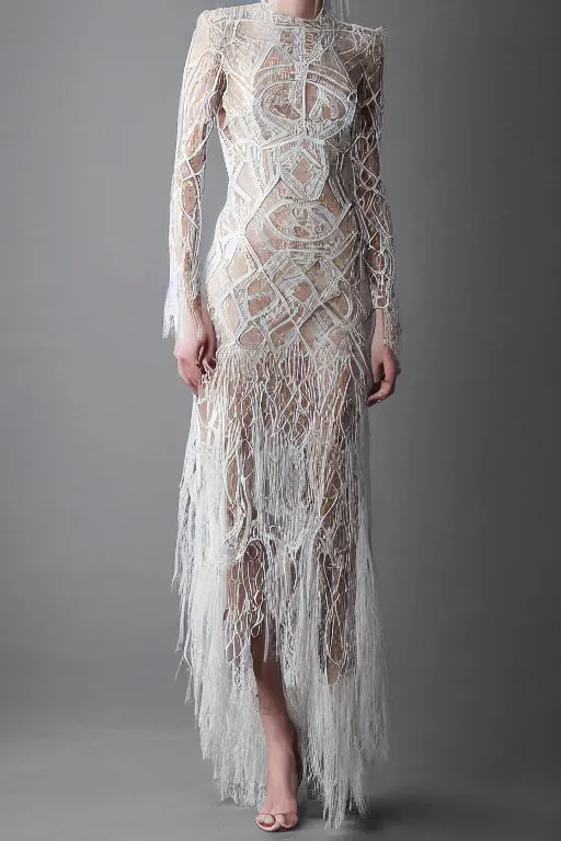 Image similar to antediluvian crystal atlantean hyperborean avant garde fashion lace dress with natural pattern motifs, young white - blonde model, sharp focus, outdoors, godray lighting