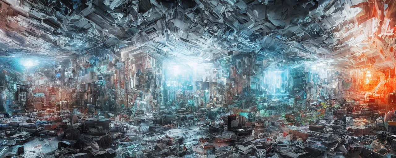 Prompt: an impressive ominous cinematic shot photo of a great big hypercube volumetric dynamic fluid simulation lighting light god rays impressive masterpiece hyper detailed intricate sharp focus 8 k realistic illustration canon eos r 3 fujifilm x - t 3 0 sony alpha, by james gurney, tooth wu, artgerm, colorful graffiti, trending on artstation, cgsociety.