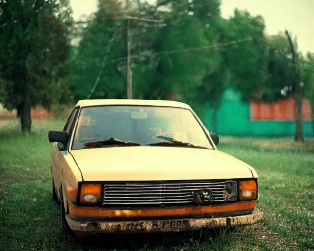 Image similar to a lomographic photo of old lada 2 1 0 7 standing in typical soviet yard in small town, hrushevka on background, cinestill, bokeh