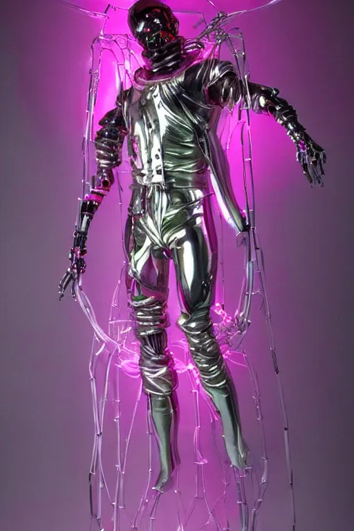 Prompt: full-body baroque and bladerunner style pink neon and chrome statue of a muscular handsome Spanish ninja robot god humanoid wearing a see-through silk cloak sim roupa, posing like a falling model, suspended from the ceiling with thick white cables, glowing peach face, street hoody of red steampunk lasers, emeralds, swirling silver silk fabric. futuristic elements. oozing glowing liquid, full-length view. space robots. human skulls. throne made of bones, intricate artwork by caravaggio. Trending on artstation, octane render, cinematic lighting from the right, hyper realism, octane render, 8k, depth of field, 3D