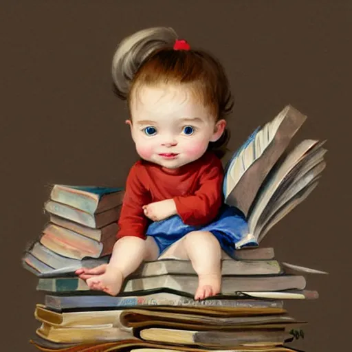 Image similar to a cute little girl with a round cherubic face, blue eyes, and short wavy light brown hair sitting on top of a stack of books. beautiful cartoon painting with highly detailed face by quentin blake and greg rutkowski