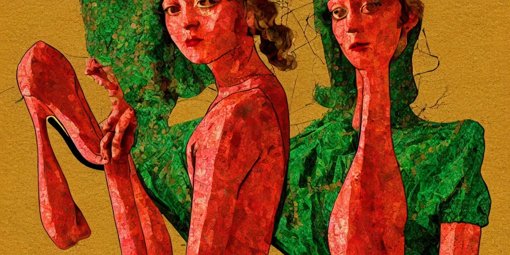 Image similar to highly detailed portrait of a girl with 1 3 legs with red high heels, green dress, 1 9 5 0 illustration, paper collage, typography, caligraphy, golden and fire colors, art by leonardo da vinci, handmade, behance, art station, chemicals, drug related, blue palette, 8 k