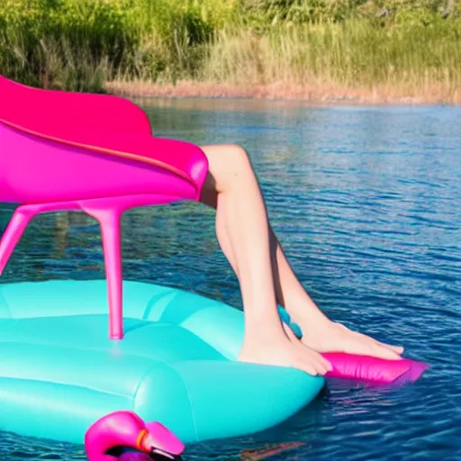 Prompt: Loki sitting on a flamingo pool float in a beautiful lake wearing colorful stockings