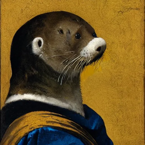 Image similar to a sea otter with a pearl earring, by Johannes Vermeer