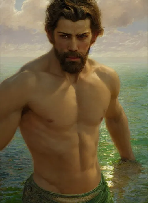 Image similar to detailed cinematic wide shot of muscular attractive young mulatto man beard slim face symmetrical face tanskin green eyes white hair wearing sea clothes, ultra realistic, spring light, painting by gaston bussiere, craig mullins, j. c. leyendecker