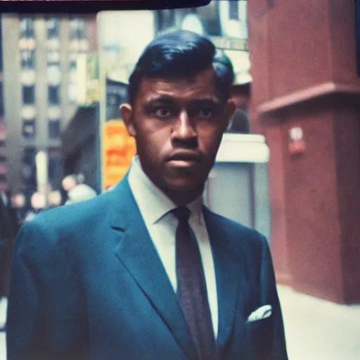 Image similar to portrait of a man in a suit in the streets of new york, 1 9 6 0 s, photo taken with ektachrome, featured on flickr, photographed on expired film