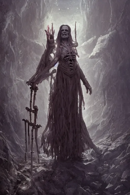 Image similar to a necromancer with a staff casts a spell that reveals the secret of life the universe and everything, dirty linen robes, staff of bones, grizzled bearded withered man by jessica rossier and hr giger