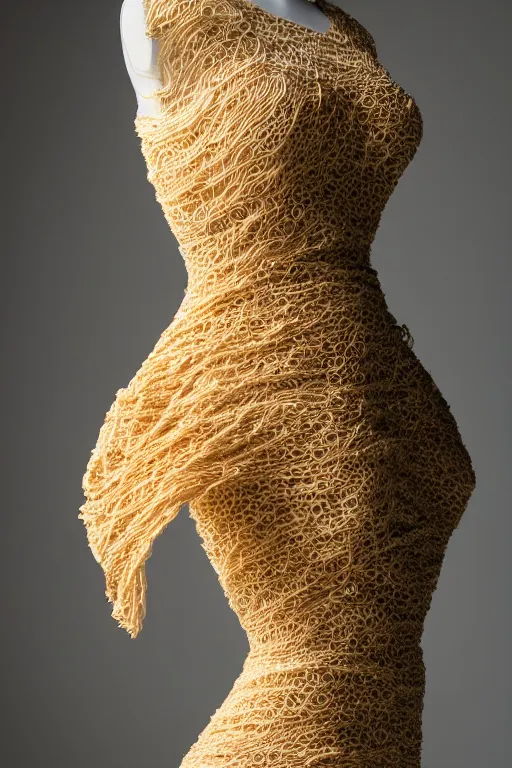 Image similar to A beautiful dress made out of a noodles, on a mannequin. High quality, high resolution, studio lighting