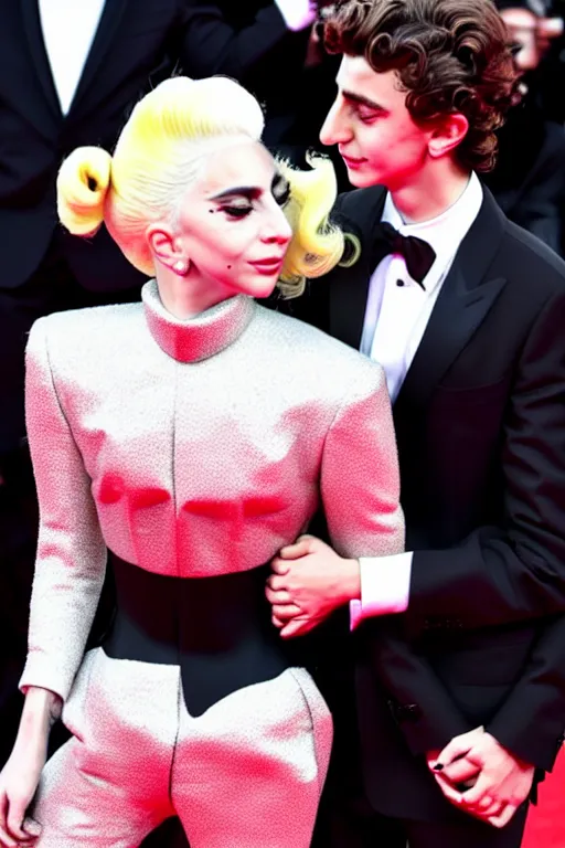 Image similar to timothee chalamet and lady gaga holding hands on the red carpet, beautiful detailed faces, canon eos