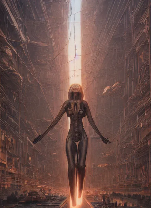 Image similar to Wanda Maximoff, dynamic pose, standing in a h.r. giger city, glowing, wires everywhere, by Edgar Maxence and Ross Tran, Zdzisław Beksiński, and Michael Whelan, distant, gustav dore, H.R. Giger, 8k, octane render