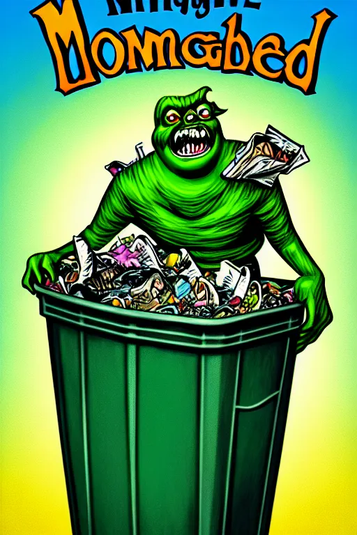 Prompt: vintage goosebumps cover art style illustration of a monster coming out of a garbage can.