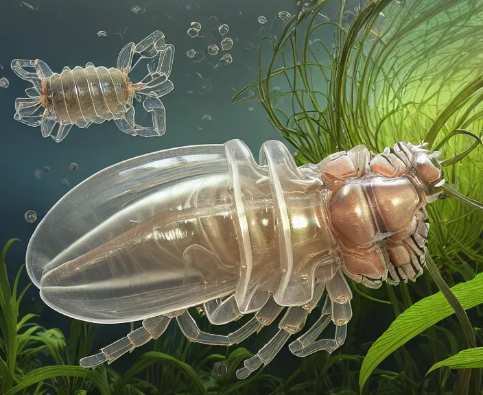 Image similar to transparent clear see - through image of many isopods, lush botany, flowers, industrial plant environment, ultra realistic, concept art, photorealistic, octane render, 8 k, unreal engine. art by gustave dore and nori inoguchi and sam kaplan and zachary goulko and christopher marley and artgerm and alphonse mucha