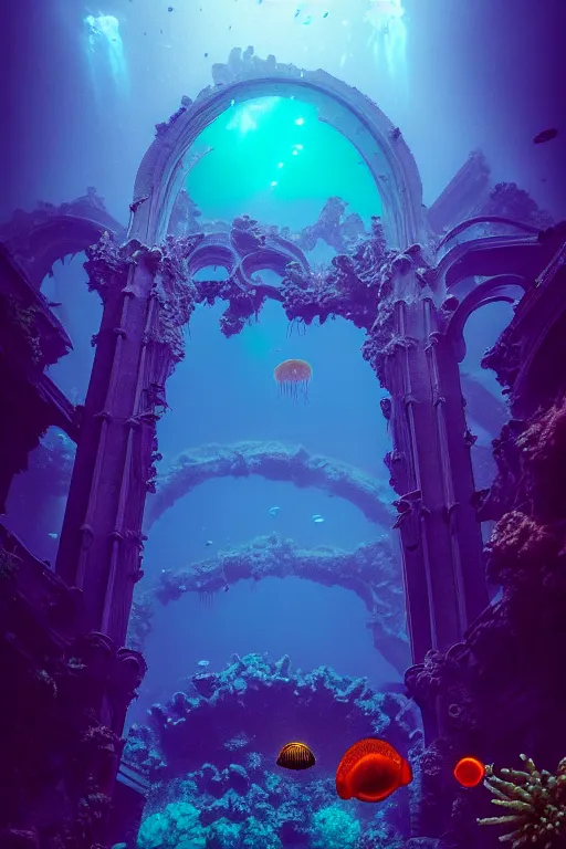 Image similar to high quality photo of cinematic underwater dystopian neo - gothic cathedral ruins with giant bioluminescent colorful aquatic plants and jellyfish, digital art masterpiece, aykut aydogdu eric zener, dramatic volumetric light, extreme long shot, ground angle uhd 8 k, sharp focus