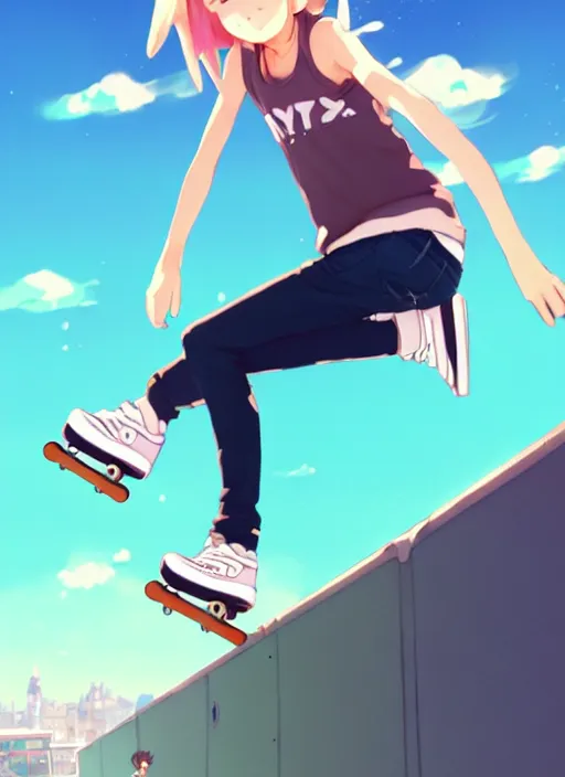 Prompt: a cute skater girl skating on obstacles, sunny sky background, city landscape, illustration, concept art, anime key visual, trending pixiv fanbox, by wlop and greg rutkowski and makoto shinkai and studio ghibli and kyoto animation, symmetrical facial features, urban clothing, piercings, realistic anatomy, backlit, polaroid
