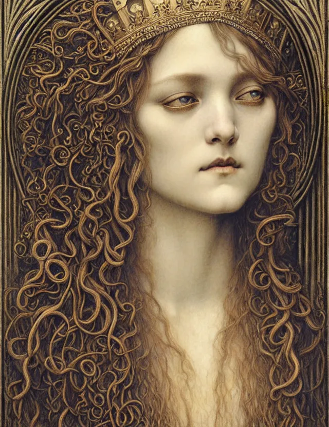 Image similar to detailed realistic beautiful young medieval queen face portrait by jean delville, gustave dore and marco mazzoni, art nouveau, symbolist, visionary, gothic, pre - raphaelite. horizontal symmetry