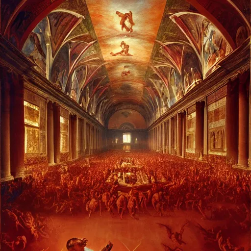 Prompt: the sistine chapel's ceiling is broken is half as a red magical portal from hell opens up, lucifer morningstar emerges along with a few demons, the priests and the pope look at the scene with terror in their eyes. highly detailed painting by gaston bussiere, greg rutkowski, craig mullins 8 k