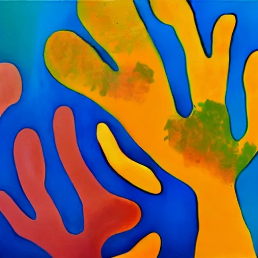 Prompt: handprints tugging at the truth, abstract art in the style of cubism and georgia o keefe,