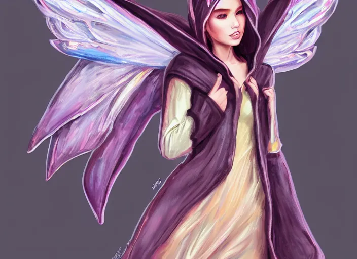 Prompt: a fairy with big wings wearing a hoodie, street fashion outfit, haute couture fashion shoot, fairy, d & d, fantasy sticker illustration, artstation