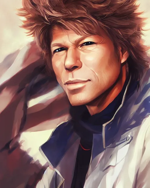 Image similar to anime portrait of Jon Bon Jovi as an anime man by Stanley Artgerm Lau, WLOP, Rossdraws, James Jean, Andrei Riabovitchev, Marc Simonetti, and Sakimichan, trending on artstation