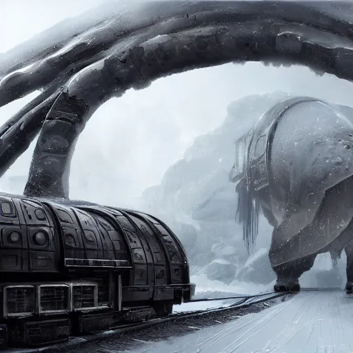 Image similar to an intricate futuristic black steam train and a giant mammoth, post - apocalyptic ice landscape in snowstorm, concept art, artstation, highly detailed, digital art