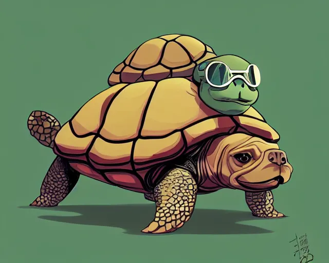 Image similar to cell shaded cartoon of an adorable turtle with a bulldog's head wearing goggles, concept art by josan gonzales and wlop, by james jean, victo ngai, david rubin, mike mignola, deviantart, art by artgem