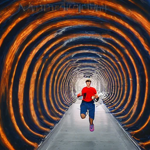 Image similar to terrified young man in a straightjacket running toward you in the Bund Sightseeing Tunnel, Shanghai, China by Alex Grey and Jeffrey Smith