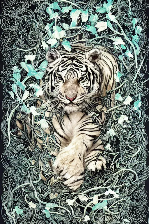 Image similar to ultra realistic full - body white tiger wrapped in vines and white flowers + black paper + elements + white + gold + cyan + baroque + rococo + ink, marc simonetti, paul pope, peter mohrbacher, detailed, intricate ink illustration