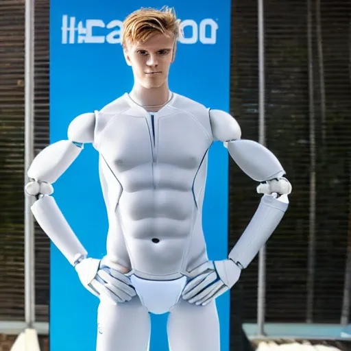 Image similar to a realistic detailed photo of a guy who is an attractive humanoid who is half robot and half humanoid, who is a male android, soccer player martin ødegaard, shiny skin, posing like a statue, blank stare, by the pool, on display, showing off his muscles, humanoid robot