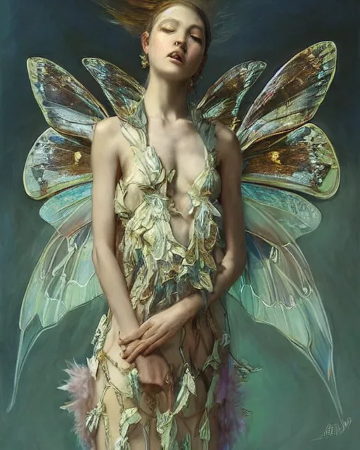 Prompt: Moth Fairy Maiden with large moth like wings wearing ornate dress by Ruan Jia and Andrei Riabovitchev, featured on Artstation, Hyperdetailed, stylized, realistic oil on linen, masterpiece, fantasy