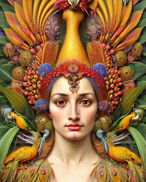 Image similar to hyperrealistic detailed face portrait of the beautiful goddess of the golden pheasants with an intricate headgear of golden pheasant, red berries, leaves, field flowers, pears, apples, art by ernst haeckel, john william godward, android jones, alphonso mucha, h. r. giger, gothic - cyberpunk, ornamental, beautiful deep colours,