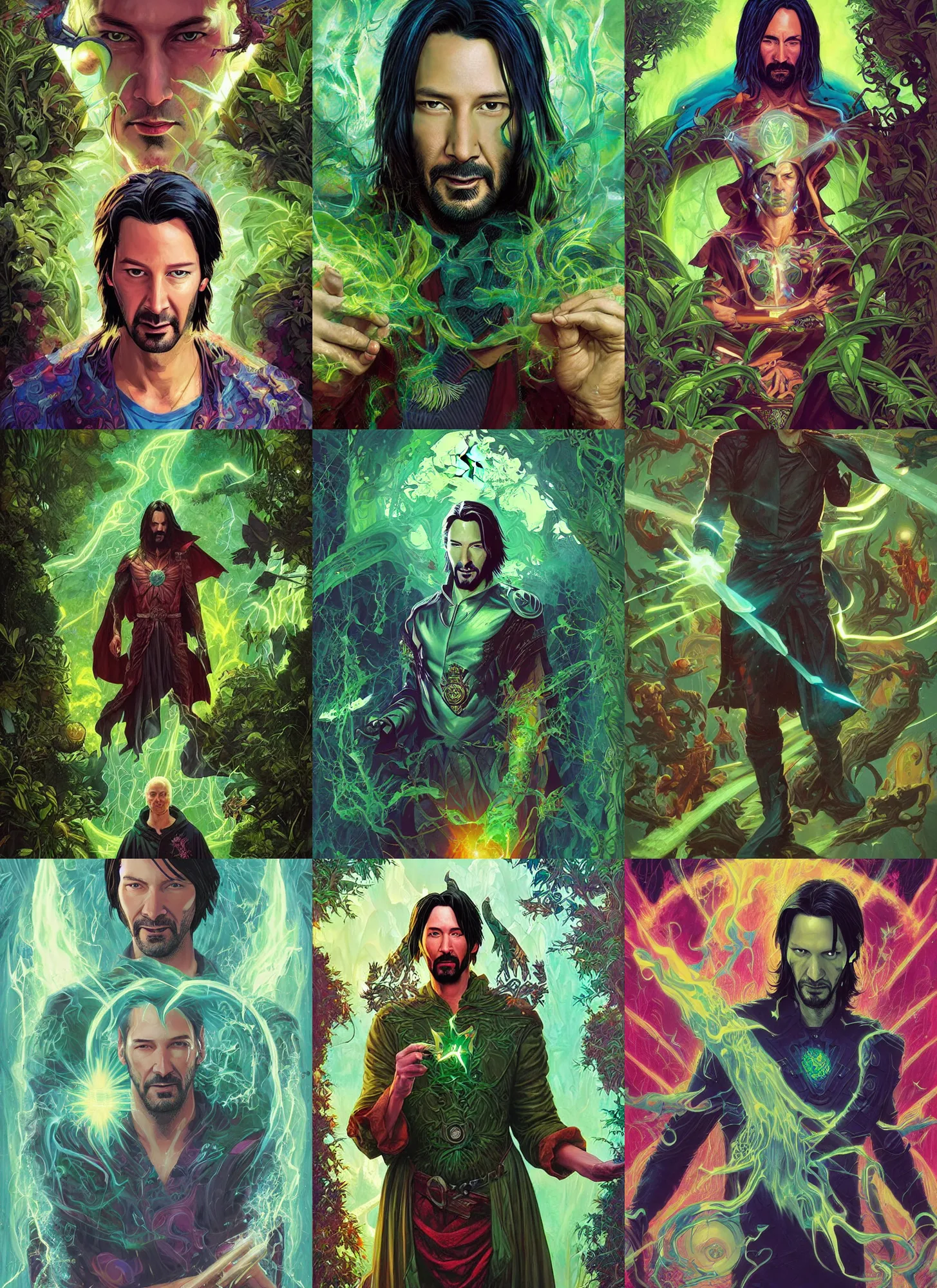 Prompt: a comic book style fantasy portrait painting of Keanu Reaves as a wizard in a bright serene lush green temple setting, art by Tristan Eaton, Stanley Artgerm, Tom Bagshaw, Greg Rutkowski, Carne Griffiths