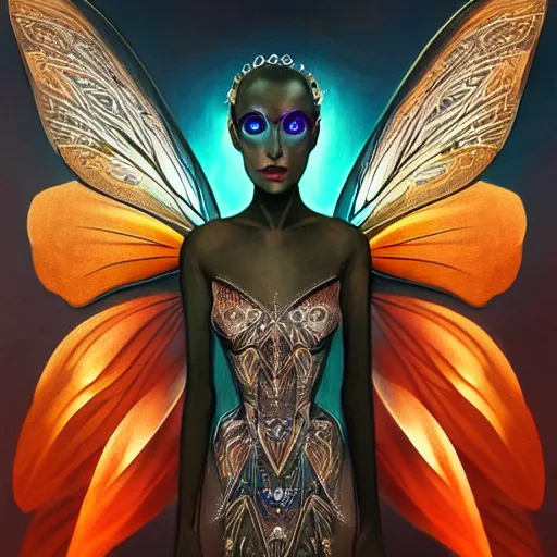 Prompt: realistic illustration of a beautiful art deco faerie queen with glowing eyes, moth wings with geometric patterns, reflective detailed textures, highly detailed dark fantasy science fiction painting, silver and cool colors, artstation