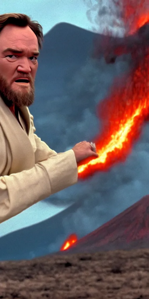 Prompt: quentin tarantino as obi wan kenobi having the high ground. active volcanoes as background. cinematic trailer format.