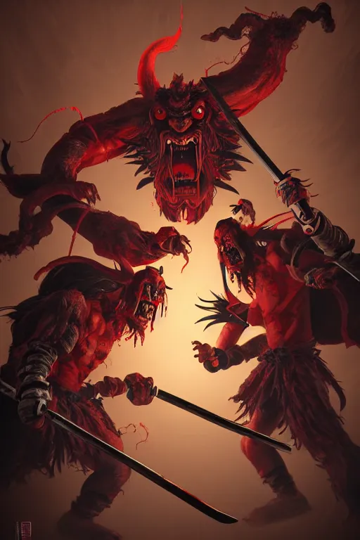 Image similar to beautiful cinematic horror poster with Oni Tengu demons fighting samurai from Japan , hybrid from Doom and art direction by Darius Zawadzki ;by artgerm; wayne reynolds art station; cinematic quality character render; low angle; ultra high quality model; production quality cinema model;