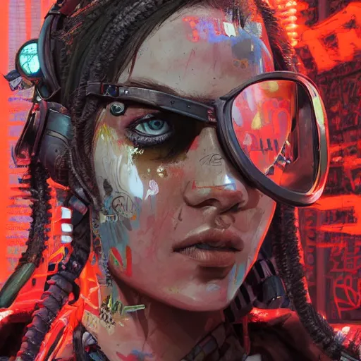 Image similar to highly detailed portrait of a post-cyberpunk south african young lady by Akihiko Yoshida, Greg Tocchini, 4k resolution, mad max inspired, wild neon color scheme with south african symbols and graffiti