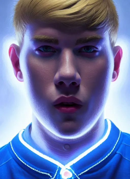 Image similar to portrait of high school senior boy named big moose, blonde short hair, jock, beefy, wide face, square jaw, square facial structure, blue varsity jacket with letter r, intricate, elegant, glowing lights, highly detailed, digital painting, artstation, concept art, sharp focus, illustration, art by wlop, mars ravelo and greg rutkowski