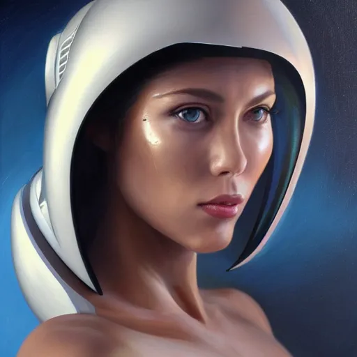 Prompt: portrait of very beautiful woman with a large obvious scar across her cheek and lips, very very beautiful, wearing futurist spacesuit space armor, Alexandria's genesis, chin-length hair, bored, illustration, soft lighting, soft details, hyper realism, high detailed, painting oil on canvas by mark arian by artgerm, trending on artstation, 4k, 8k, HD