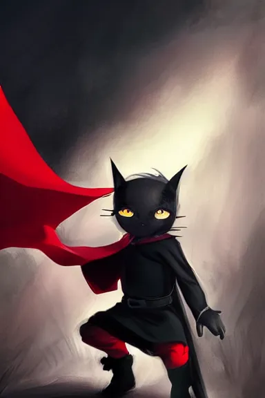 Image similar to little boy with cat ears in an black outfit with red cape. digital artwork made by lois van baarle and kentaro miura and marc simonetti, sharpness focus, inspired by hirohiko araki, anatomically correct, heroic composition, hero pose, smooth