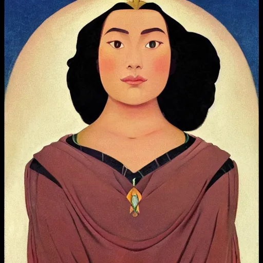 Image similar to an illustration of a fair skin with dark curly stylised hair queen wearing dress, by nicholas roerich, by frank frazetta by georgia o keeffe by frederick william elwell, by otomo, by hans emmenegger, by eyvind earle highly detailed, realistic, outline, line work concept art, jewels, oriental, stylised flat colors, animation