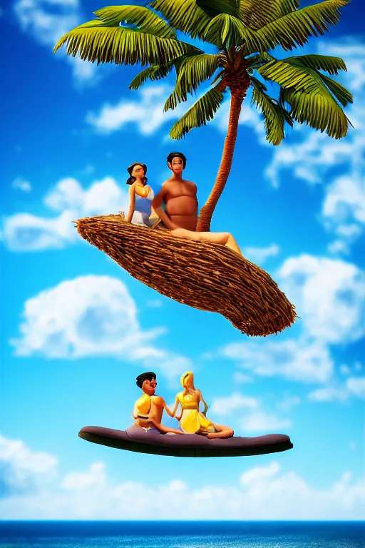 Image similar to conceptual art of 1 couple sitting on a cloud with palms, high in the sky above a paradisiac Caribbeans, mattepainting concept pixar maya engine on stylized background global illumination lighting artstation, in the style of Michelangelo