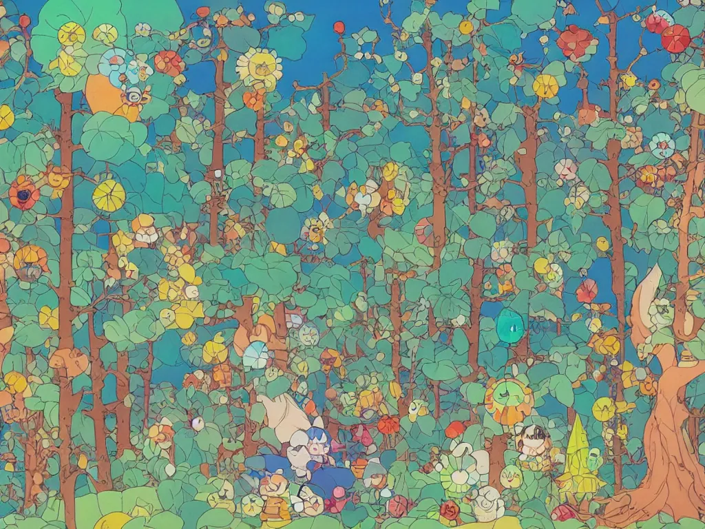 Image similar to colorful blueprint sideview of a fairytale forest, illustration, concept art, autumn light, colorful, beautiful, studio ghibli, hayao miyazaki, takashi murakami, alfons mucha, manga, cute and adorable