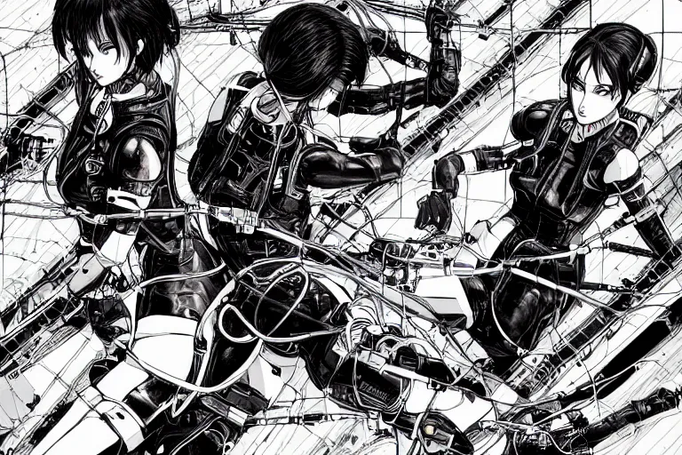 Image similar to a cyberpunk illustration of a group of three coherent female androids in style of masamune shirow, lying on an empty, white floor with their bodies broken scattered rotated in different directions and cables and wires coming out, by yukito kishiro and katsuhiro otomo, hyper-detailed, intricate