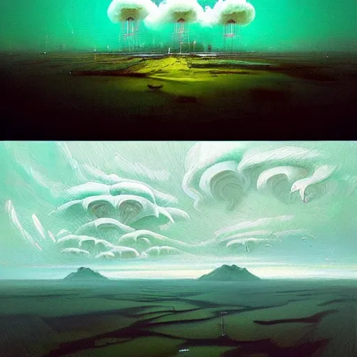 Image similar to beautiful painting of a landscape of glitched cloud ramifications and alien white monuments blossoming in the style of Simon Stålenhag and H. R. Giger, detailed, trending on Artstation